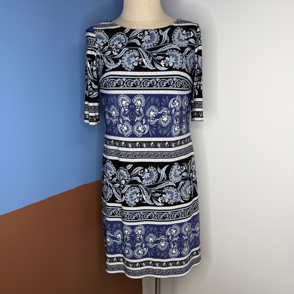 Eliza J Blue Black  Print 3/4‎ Sleeve Shift Dress Size 6